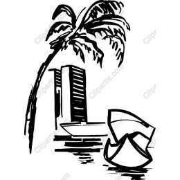 Tropical Paradise Scene - Palm Tree, City, and Boat
