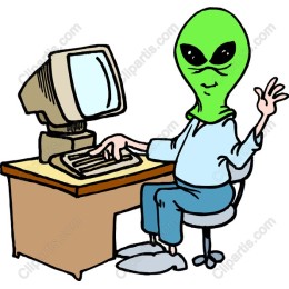 Quirky Alien Working on Retro Computer