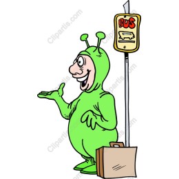 Cheerful Alien at Bus Stop