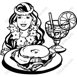 Tropical Woman with Sandwich and Cocktail