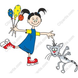 Cheerful Girl with Balloons and Cat