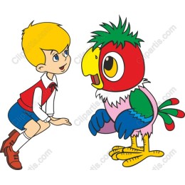 Cheerful Boy and Colorful Parrot
