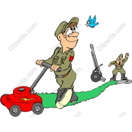 Whimsical Lawn Mowing Soldier
