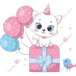 Cute Kitten Birthday with Balloons and Gift Box