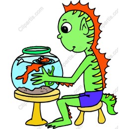 Whimsical Green Creature with Fishbowl