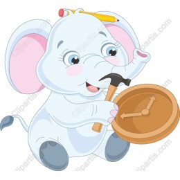 Cheerful Baby Elephant with Hammer and Clock