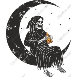 Whimsical Skeleton Pizza Under Moon Clipart