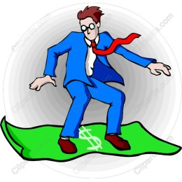 Businessman Surfing on Dollar Bill