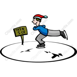 Playful Ice Skater with Thin Ice Sign