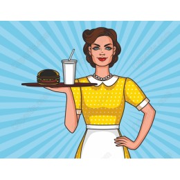 Retro of a Woman Serving Burger and Drink