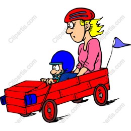 Playful Mother and Child in Red Wagon