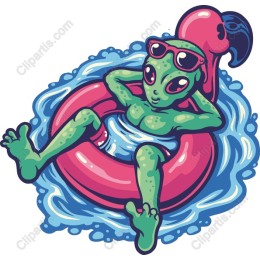 Playful Alien Relaxing on Flamingo Float