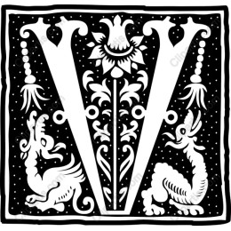 Vintage V with Mythical Dragons and Floral Motif