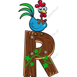 Cheerful Cartoon Rooster with Wooden R