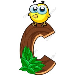 Cheerful Bird on Wooden Letter C