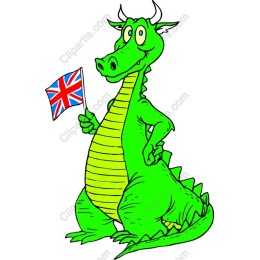Whimsical Green Dragon with Union Jack Flag