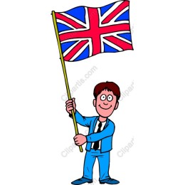 Cheerful British Character Waving Union Jack Flag