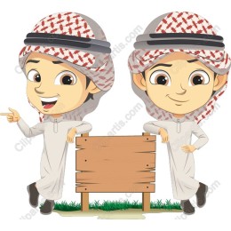 Charming Boys with Blank Sign in Traditional Attire