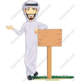 Friendly Man in Traditional Attire with Wooden Sign