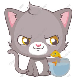 Mischievous Gray Cat with Fishbowl