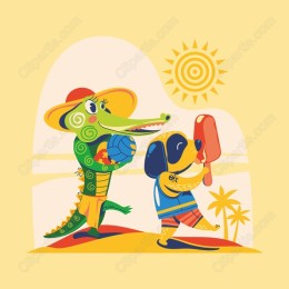 Sunny Beach Adventure: Crocodile and Dog