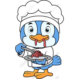Cute Cartoon Bird Chef Serving Spaghetti