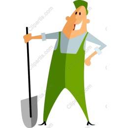 Charming Farmer with Shovel in Green Overalls
