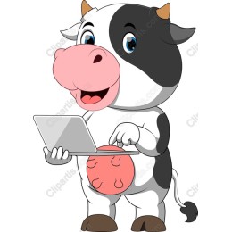 Cheerful Cartoon Cow with Laptop
