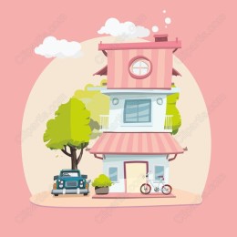 Whimsical Two-Story House with Classic Car and Bicycle