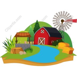 Rural Landscape: Red Barn & Windmill Scene