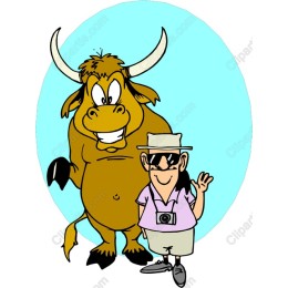 Cheerful Cartoon Bull and Photographer