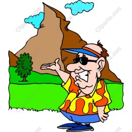 Vibrant Cartoon Tourist with Mountain Scene