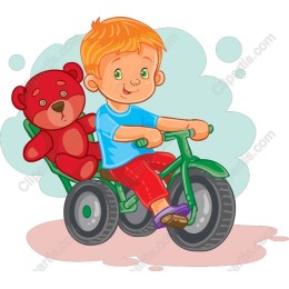 Cheerful Boy with Teddy Bear Tricycle