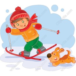 Cheerful Skiing Boy with Dog