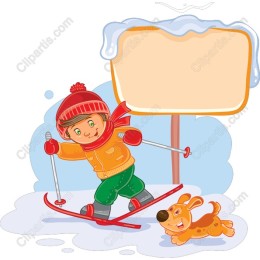 Cheerful Skiing Child and Dog