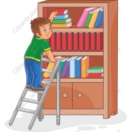 Cheerful Boy Climbing Ladder to Books