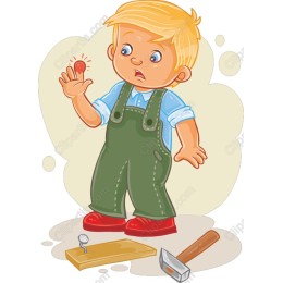 Cute Curious Boy with Hammer and Thumbtack