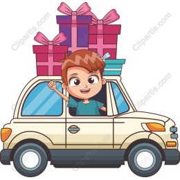 Joyful Celebration: Boy in Car with Gifts