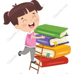 Joyful Girl Climbing Ladder with Books