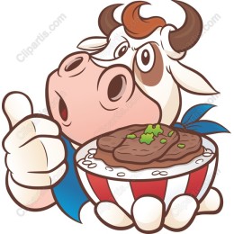 Cheerful Cow with Bowl of Meat and Rice