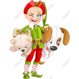 Cheerful Christmas Elf with Teddy Bear and Puppy