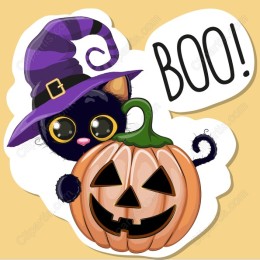 Whimsical Halloween Cat and Pumpkin