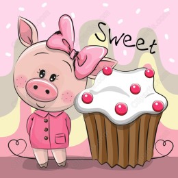 Sweet Cartoon Pig and Cupcake
