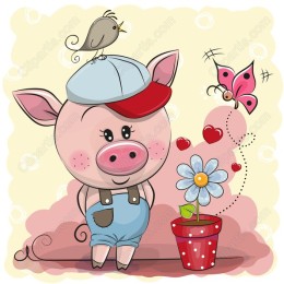 Adorable Piglet with Butterfly and Flower