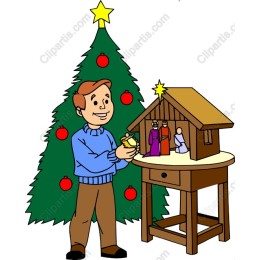 Cheerful Christmas Boy with Tree and Nativity Set