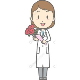 Cheerful Female Doctor with Bouquet