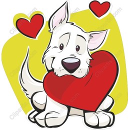 Playful White Dog Holding a Heart