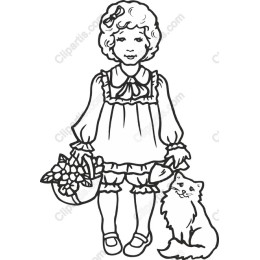 Whimsical Girl with Flower Basket and Cat
