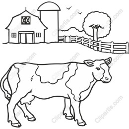 Charming Farm Scene with Cow and Barn