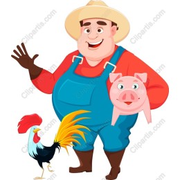 Cheerful Farmer with Pig and Rooster